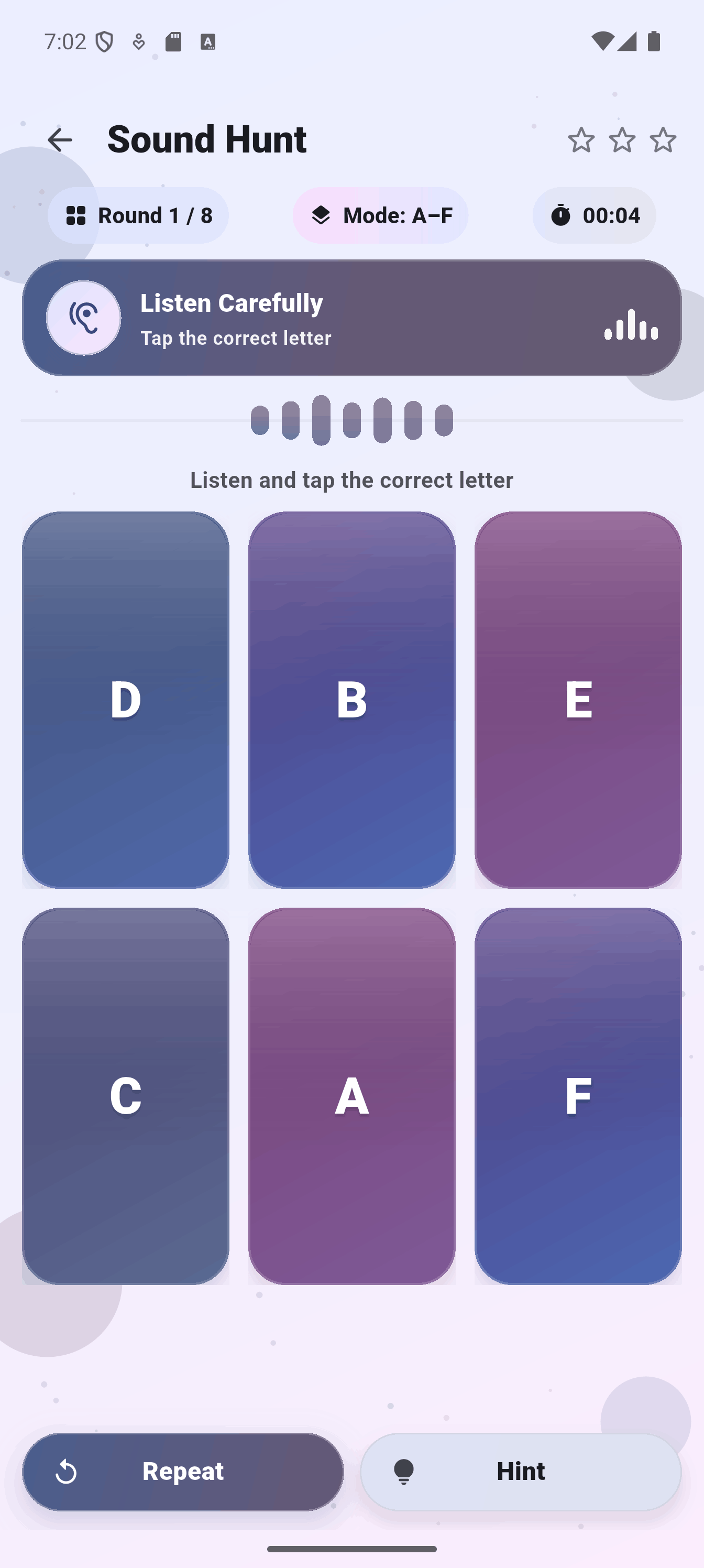 Kids app progress and gameplay screen