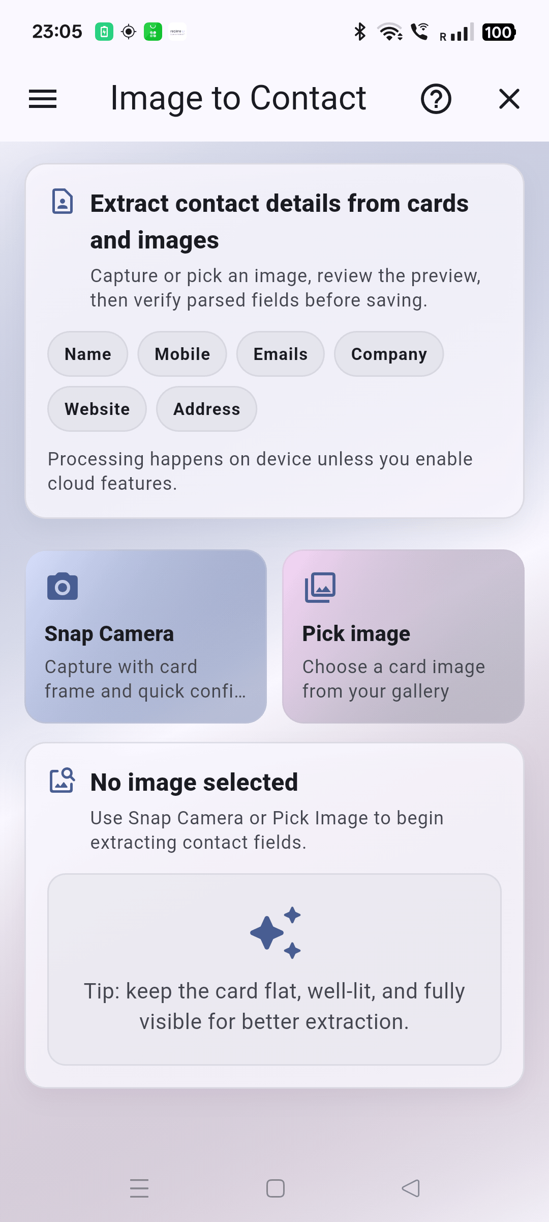 Image to Contact extraction screen